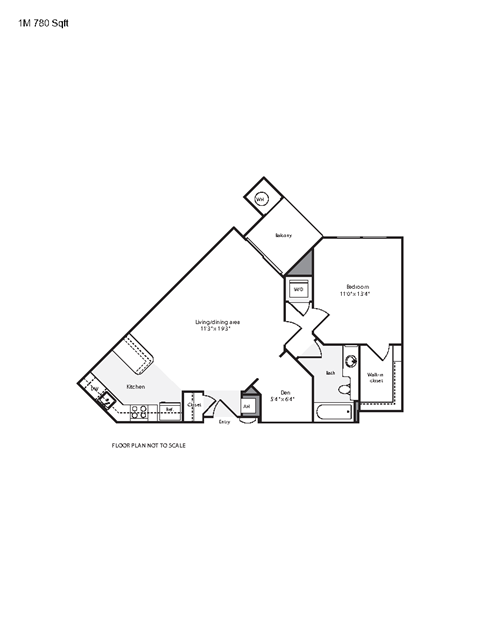 Floor plan for 1 bed, 1 bath, 780 sqft
